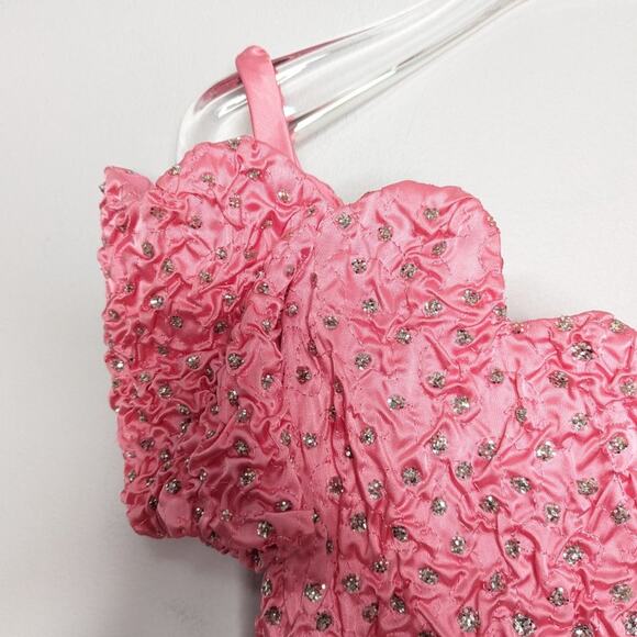 Vintage Zum Zum Pink Off The Shoulder Mini Ruched Silver Glitter Sweetheart Neck - Picture 6 of 12